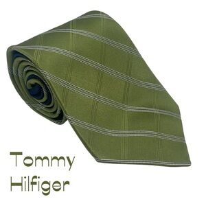 Tommy Hilfiger Green Silver Striped Silk Necktie